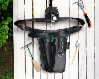 Cinto de ferramentas personalizado em couro preto: avental de trabalho ajustável, para jardinagem e carpintaria.