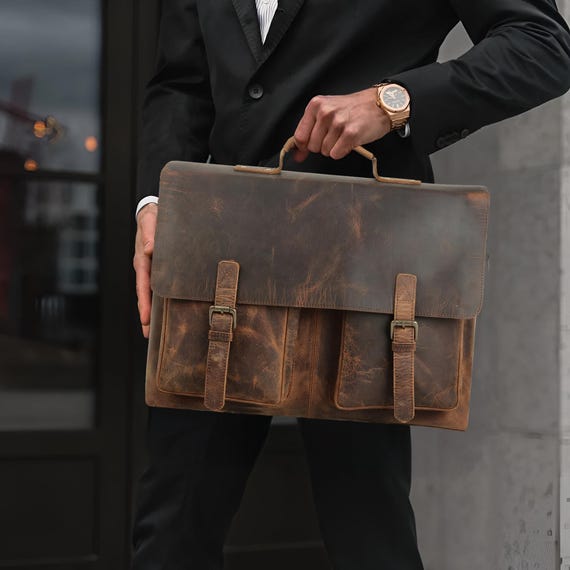 Personalized Leather Laptop Briefcase 16x12: Brown Buff Work Bag