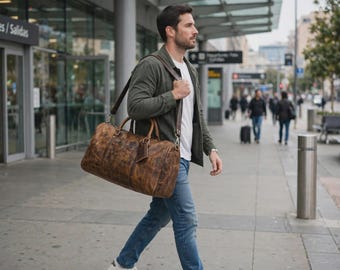 May include: A brown leather duffel bag with a distressed finish, featuring two top handles and a long adjustable shoulder strap. The bag has a rectangular shape with rounded ends, brass-toned hardware, and a small leather luggage tag attached.
