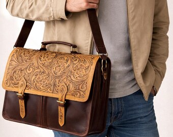 Hand Tooled Leather Laptop Bag 16” Premium Briefcase Floral Messenger Bag Full Grain Leather Work Bag for Men Women