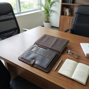 May include: Open brown leather portfolio with multiple compartments, a button closure, and a clear ID window. A pen, eyeglasses, and an open notebook with handwritten notes rest on a wooden desk. The scene is set in an office environment.