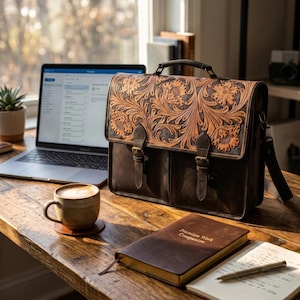 Spersonalizowana, ręcznie tłoczona skórzana torba listonoszka, torba na laptopa 16 cali, skórzana teczka dla mężczyzn i kobiet, torba robocza z kwiatowym wzorem zdjęcie 5