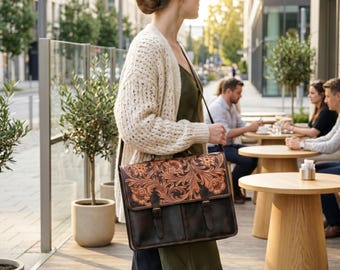 Skórzana torba na laptopa dla kobiet i mężczyzn, skórzana teczka damska, torba listonoszka z ręcznie tłoczonym wzorem kwiatowym, torba na laptopa 16 cali, ręcznie tłoczona torba z rzeźbionym wzorem