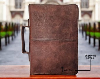 Personalized Leather Bible Cover, Custom Engraved Christian Gift, Zipper Bible Case, Name Verse Logo, Brown Premium Bible Protector