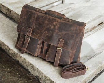 Full Grain Leather Laptop Bag, 16 Inch Briefcase, Messenger Work Bag