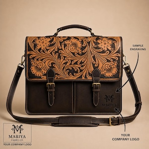 Personalized Hand Tooled Leather Messenger Bag, Laptop Bag 16 Inches, Leather Briefcase for men and Women, Floral Tooled Work Bag
