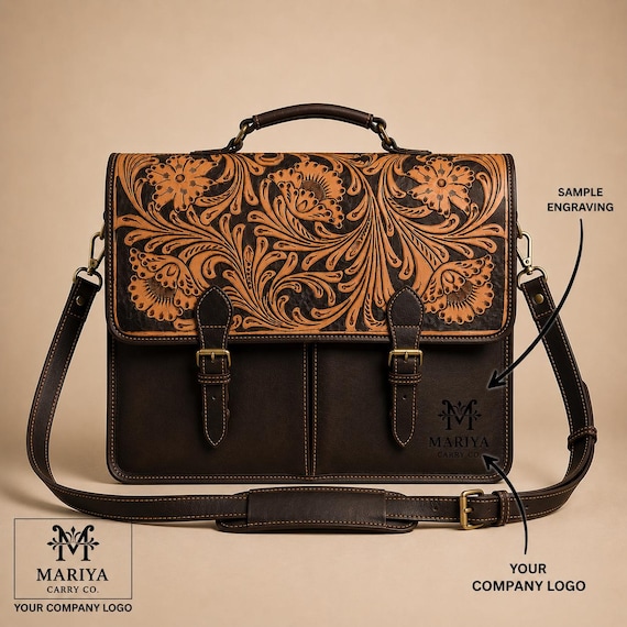 Personalized Hand Tooled Leather Messenger Bag, Laptop Bag 16 Inches, Leather Briefcase for men and Women, Floral Tooled Work Bag