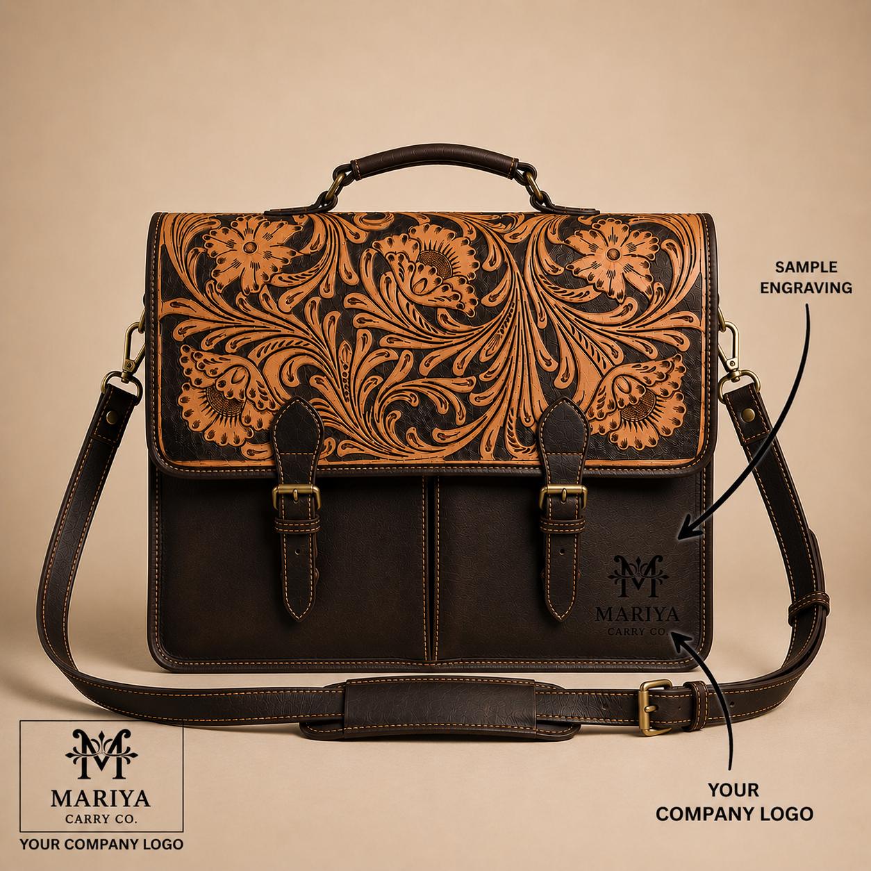 Personalized Hand Tooled Leather Messenger Bag, Laptop Bag 16 Inches, Leather Briefcase for men and Women, Floral Tooled Work Bag
