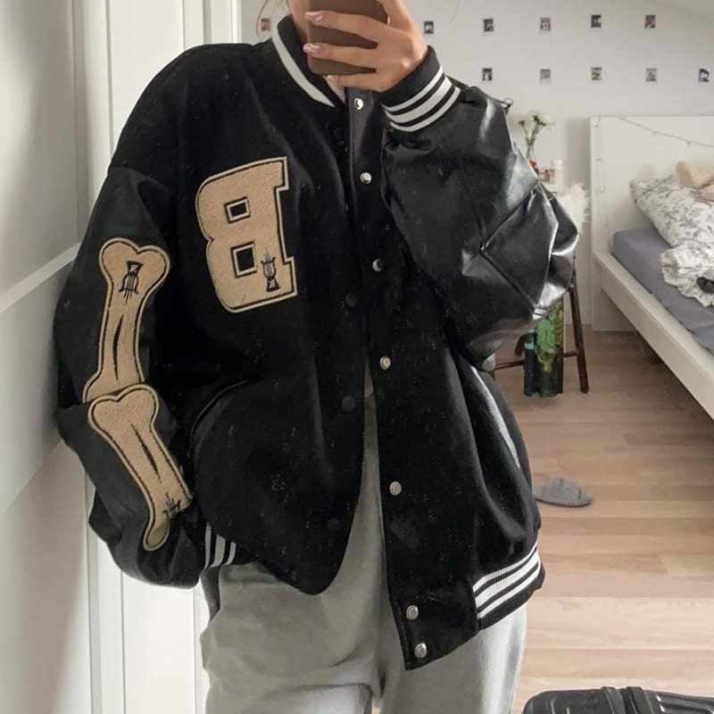 Harajuku Streetwear Embroidered Tiger Varsity Jacket Black / Asian XXXL