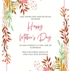 Tarjeta del Día de la Madre Proverbios 31 Descarga digital imprimible Tarjeta floral DIY de 5 x 7 pulgadas Versículo bíblico imprimible Feliz Día de la Madre imprimible