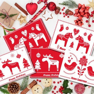 Carte de Noël imprimable en téléchargement numérique, rouge, carte de Noël, carte de Noël, carte scandinave imprimable, bricolage, renne de Noël, imprimable