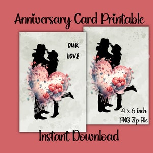 Tarjeta de aniversario imprimible, tarjeta de aniversario, tarjeta de cumpleaños del oeste, tarjeta de felicitación, tarjeta de amor, primer aniversario de parejas de vaqueros, 4 x 6 pulgadas, PNG PDF
