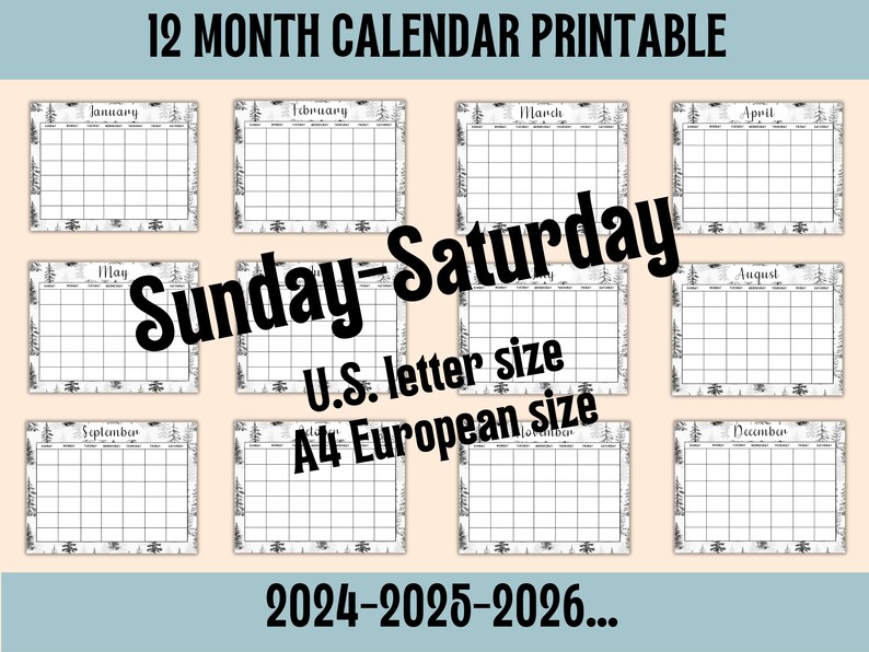 Calendar A4 Woodland Printable Undated Download 2024 12 Month Printable 