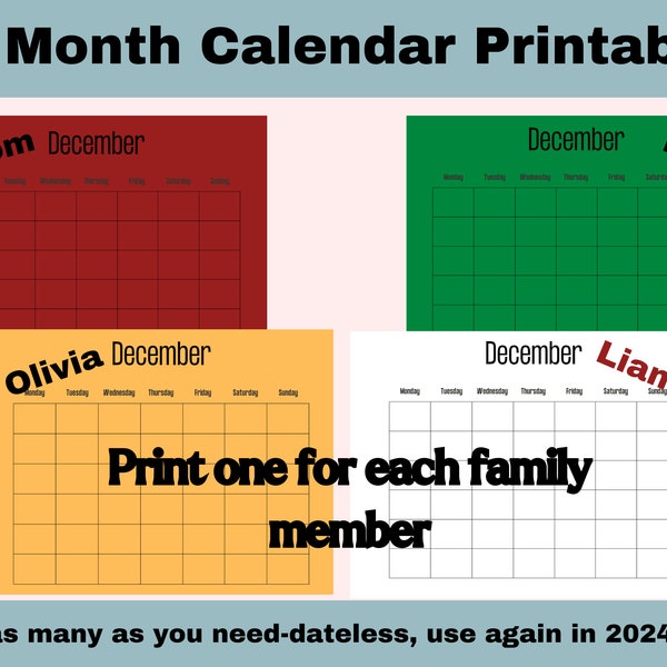 Printable Calendar Monthly Blank Calendar Minimalist Horizontal 8.5 x 11 Monday-Sunday Printable 2024/25/26 Calendar Reusable Print Laminate