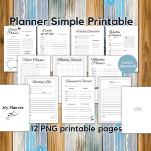 May include: A set of 12 printable planner pages in black and white with a simple design. The pages include a daily planner, to-do list, weekly planner, habit tracker, monthly schedule, monthly planner, reading log, financial control, diary, and a cover page that says "My Planner".