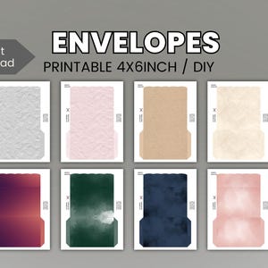 May include: Printable 4x6 inch DIY envelopes in various colors. The image shows eight envelope designs in shades of white, pink, tan, and dark blue. The word "ENVELOPES" is displayed at the top of the image.