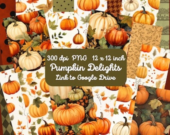 May include: A digital paper pack with 12 different patterns featuring watercolor pumpkins in various colors and designs. The patterns include pumpkins with leaves, polka dots, and plaid. The text "300 dpi PNG 12 x 12 inch Pumpkin Delights Link to Google Drive" is displayed on the image.