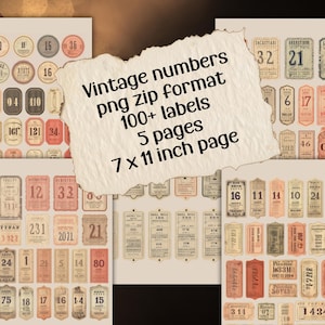 Junk Journal Printables Vintage Style Number Labels Ephemera Printable Numbers Scrapbooking Printable Digital Tags Junk Journal 7x11 JPEGPNG