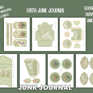 Könnte beinhalten: Druckbare Junk-Journal-Seiten mit floralen Designs. Das Set enthält Tags, Etiketten, Taschen und Umschläge. Die Texte "Faith Junk Journal" und "Junk Journal" sind zu sehen. Das Bild enthält auch den Text "7 Pages, Pockets/Envelopes, Tags/Labels, Google Drive Link".