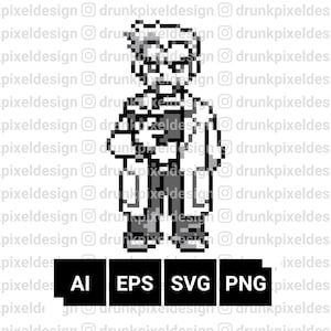 May include: A grayscale pixel art illustration of a bespectacled character in a lab coat, holding a clipboard. Below the image are black boxes with the text "AI", "EPS", "SVG", and "PNG".