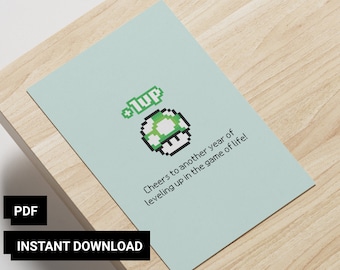 Tarjeta de cumpleaños de Super Mario: Hongo 1UP, temática gamer (PDF 4x6)