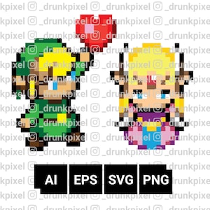 May include: Pixel art illustration of Link from The Legend of Zelda video game series holding a red heart balloon and Princess Zelda with a pink dress and a crown.