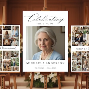 May include: Three wooden easels display memorial signs. The central sign reads "Celebrating the Life of Michaela Anderson" with a photo and dates. Flanking signs say "Always Remembered" and "Forever Cherished," each with photo collages.