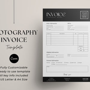 May include: A black and white photography invoice template with the text "Photography Invoice Template" at the top. The template includes sections for order information, billing, shipping, payment, and contact information.
