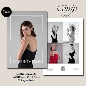 Op de afbeelding: Een modelcompkaart met een vrouw in een zwarte jurk. De kaart toont vier verschillende foto's van het model in verschillende poses en outfits. De kaart bevat ook de naam van het model, "AVA THOMPSON", en contactgegevens. Deze kaart is ontworpen voor modellen om hun werk te presenteren aan potentiële klanten.