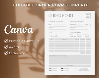 May include: A printable order form template in a light gray color scheme with a minimalist design. The form includes sections for customer information, shipping information, order details, payment method, and special instructions. The form also includes a space for a logo and contact information.