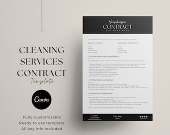 May include: Black and white cleaning services contract template with the text "Cleaning Services Contract Template" and "Fully Customizable, Ready to use template, All key info included".