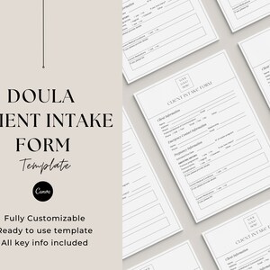 May include: A black and white printable doula client intake form template. The form includes sections for client information, emergency contact information, pregnancy information, and delivery preferences.