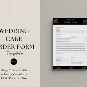 May include: A black and white wedding cake order form template with a sketch of a cake at the top. The form includes sections for client information, cake details, delivery and setup, budget, and payment. The text "Wedding Cake Order Form" is at the top of the form.