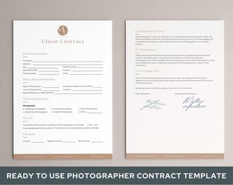 May include: A black and white printable client contract template for photographers. The contract includes sections for client information, photo shoot information, services requested, travel, payment, intellectual property, termination, and governing law. The contract is ready to use and includes space for signatures.