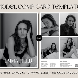May include: A black and white model comp card template featuring a woman named Emma Reed. The card includes multiple photos of the model, her physical attributes, contact information, and a QR code.