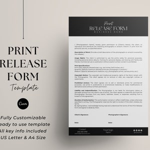 Photo Print Release Form Template - Model Release Form - Photography Media Release Form Agreement - Copyright Form For Photography Business