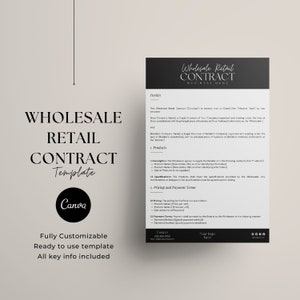 May include: A black and white template for a wholesale retail contract. The template includes sections for parties, products, pricing and payment terms, and contact information. The text "Wholesale Retail Contract" is in a bold, white font.