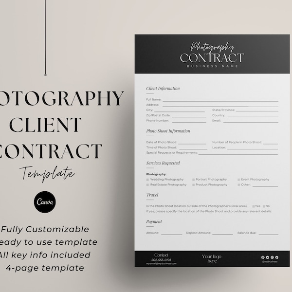 Modèle de contrat de photographie - Contrat client pour la photographie - Formulaire de photographe et contrat de session - Accord client de séance photo