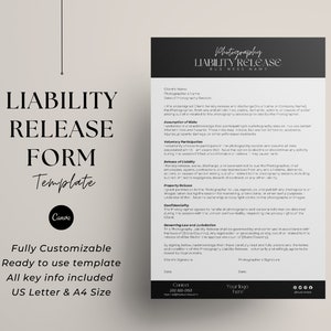Può includere: Modello di modulo di rilascio di responsabilità in bianco e nero per fotografi. Il modello include un titolo, del testo e uno spazio per le firme. Il testo include le parole "Rilascio di responsabilità per la fotografia" e "Nome dell'azienda".