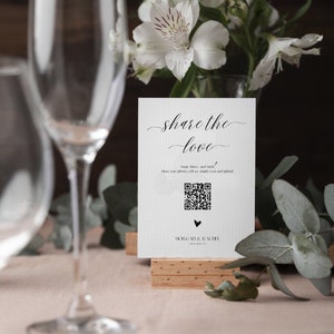 Share The Love QR-codebordsjabloon - afdrukbaar bord met trouwfoto - Capture The Love Canva-sjabloon - gastfoto delen