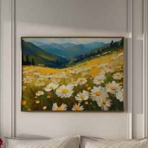 Cottagecore Daisy Field Wall Art, Impressionist Floral Mountain Oil Painting Printable, Wild Daisy Landscape Home Decor, Nature Spring Art