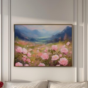 Stampe a olio impressioniste di roseti, decorazioni murali con campi floreali in stile cottagecore, decorazioni per la casa con paesaggi di fiori selvatici, stampe primaverili con natura