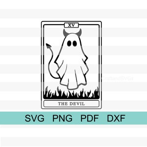 May include: Black and white illustration of a tarot card, The Devil, featuring a ghost with horns and a tail. The card is set against a background of flames.