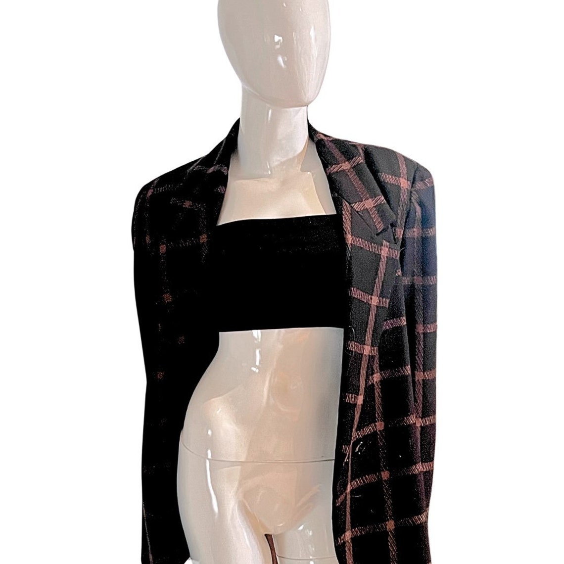Women's Anne Klein Vintage Black Cashmere Double-Breasted Windowpane Check Blazer - Size 8, foto 3 di 5