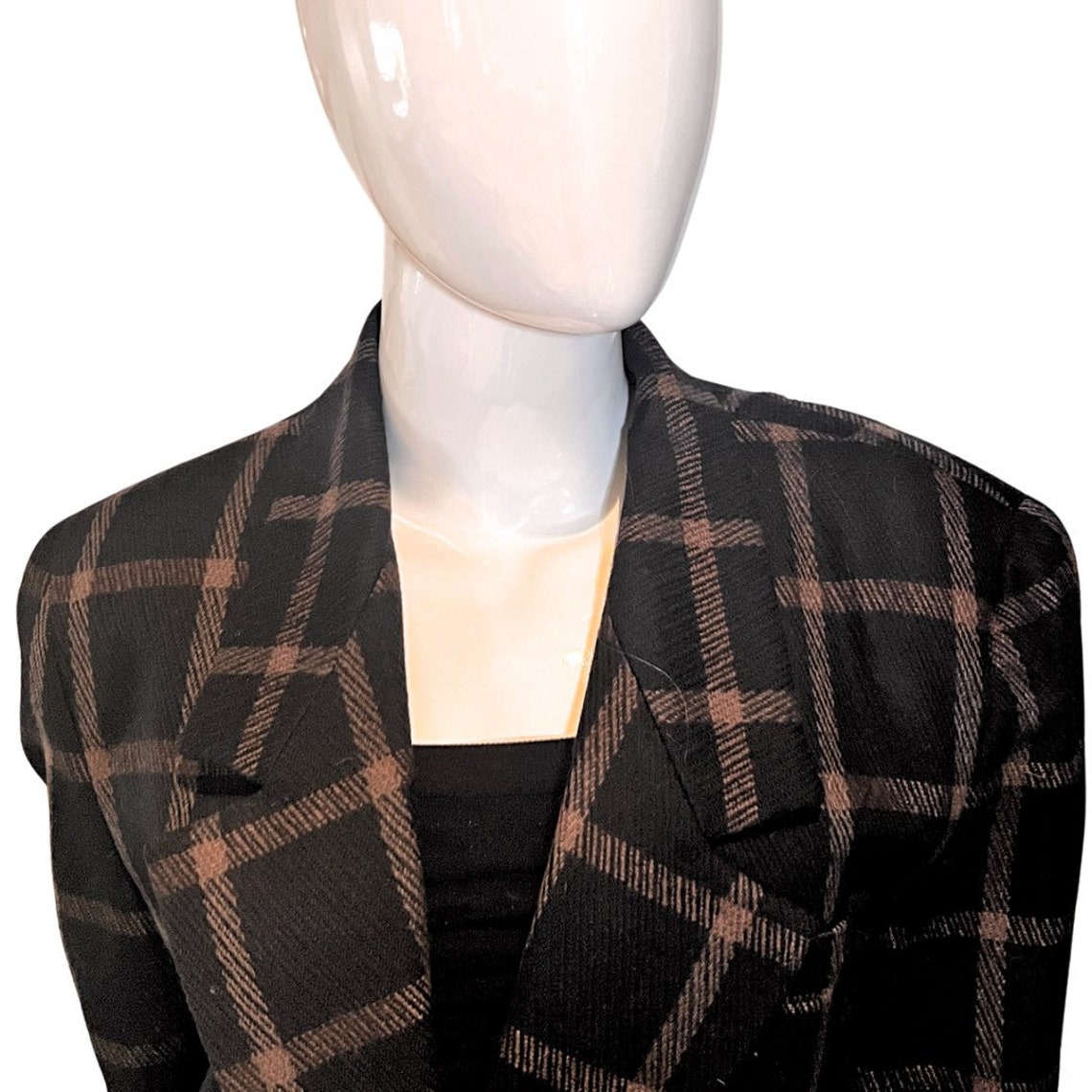 Women's Anne Klein Vintage Black Cashmere Double-Breasted Windowpane Check Blazer - Size 8, foto 4 di 5