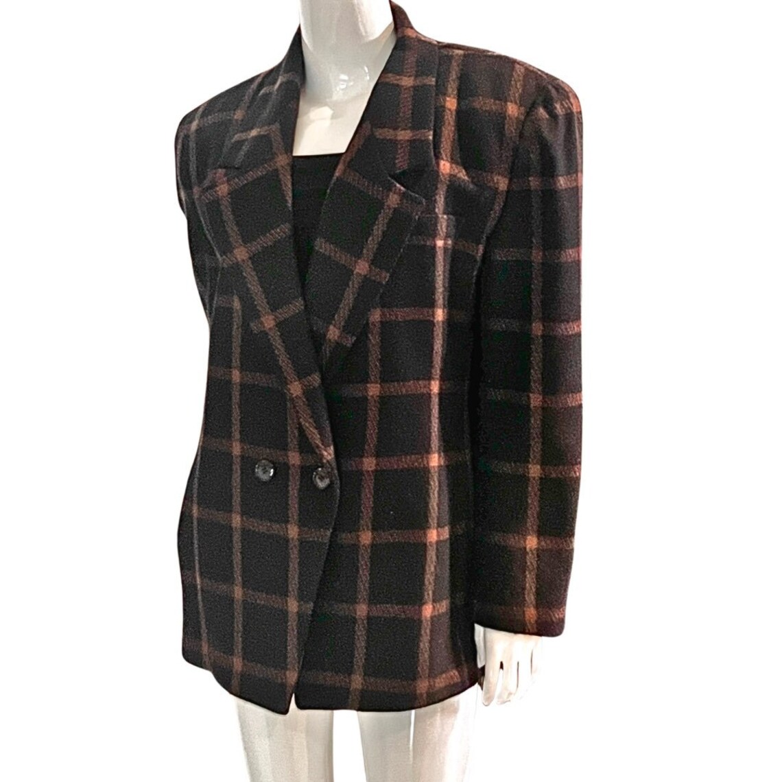 Women's Anne Klein Vintage Black Cashmere Double-Breasted Windowpane Check Blazer - Size 8, foto 2 di 5