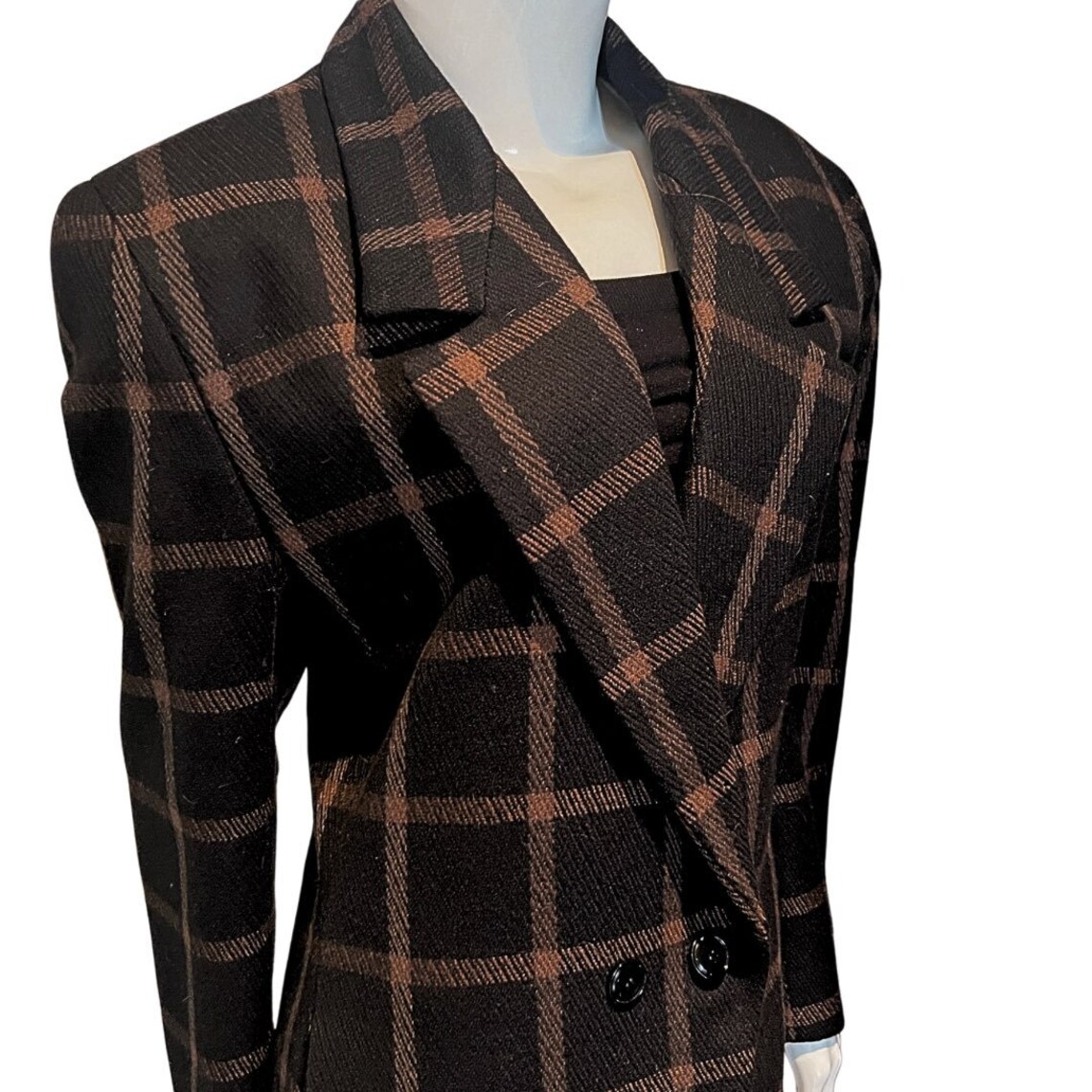 Women's Anne Klein Vintage Black Cashmere Double-Breasted Windowpane Check Blazer - Size 8, foto 1 di 5