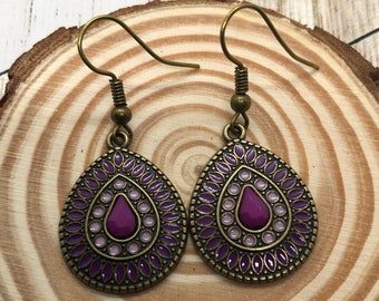 Bohemian Teardrop Dangle Earrings, Vintage Boho Dangle Earrings, Purple Stone, Unique Bohemian Jewelry, Boho Teardrop, Gift For Mom, Gift