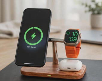 May include: A wooden three-in-one charging station featuring a metallic stand. A black smartphone is magnetically attached to the left, a silver smartwatch with an orange band hangs on the right, and white wireless earbuds rest on the base.