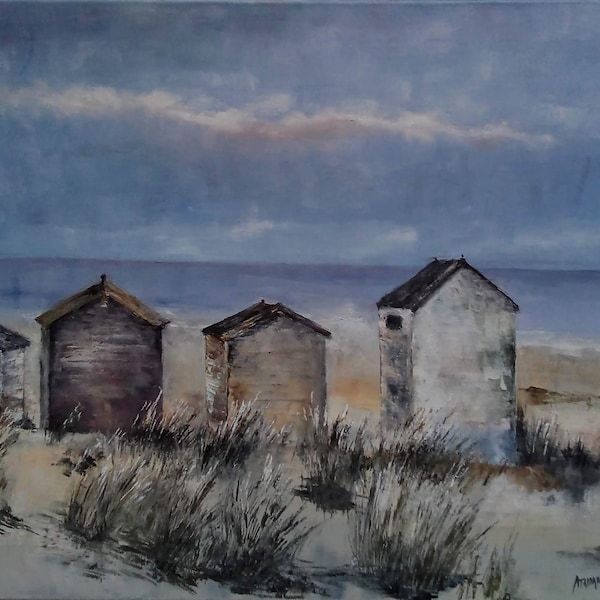 Les cabanes de plage, peinture à l'huile sur toile originale et unique  61 cm x 50 cm